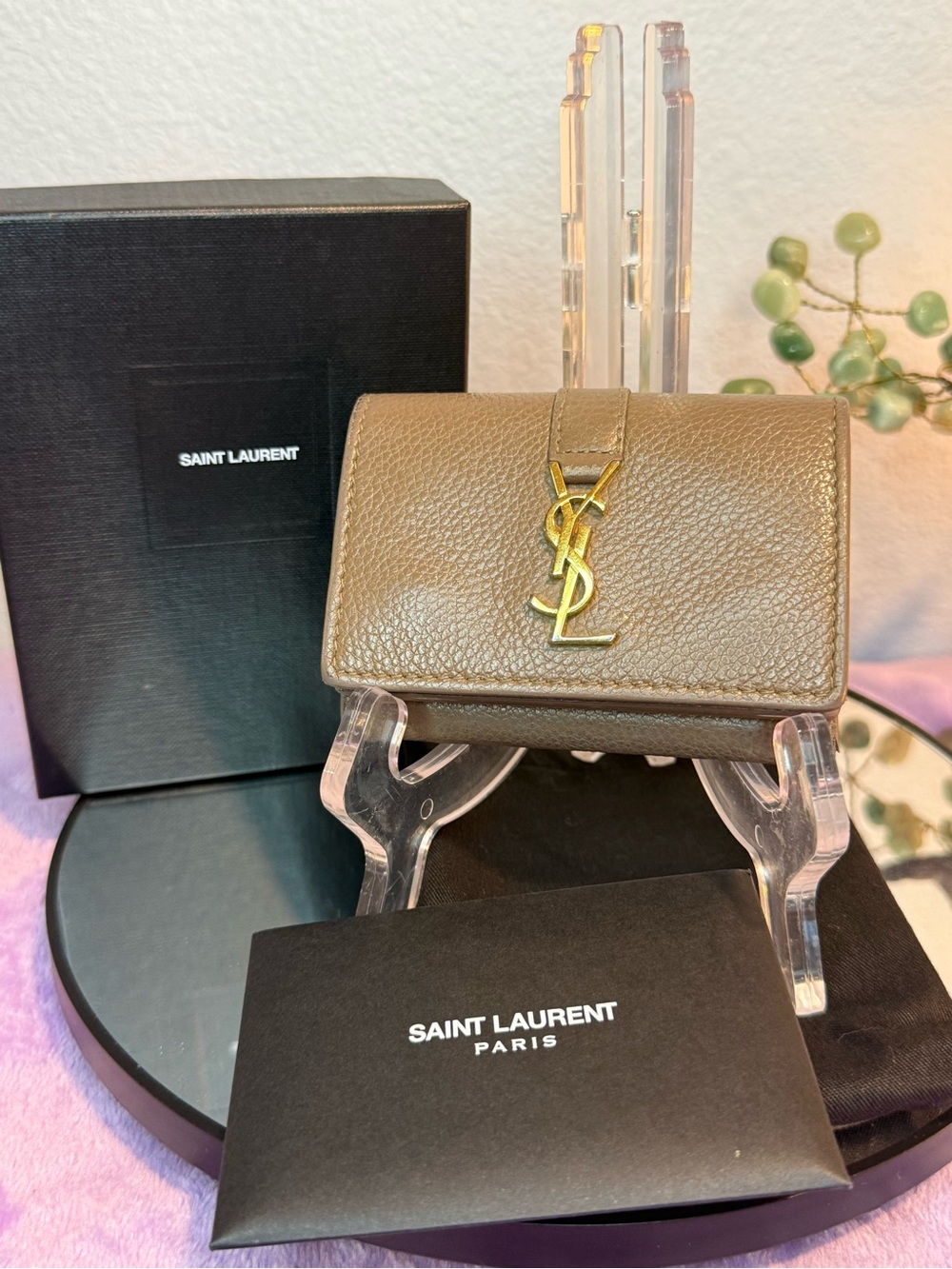 YSL Cassandre Grain de Poudre Leather Trifold Wallet Taupe Box & Dust Bag